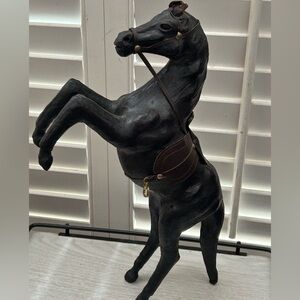 Vintage Leather Wrapped Western Black Horse Sculpture